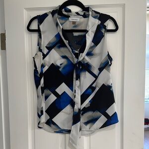 Calvin Klein Black and White Tie Front Graphic Blouse